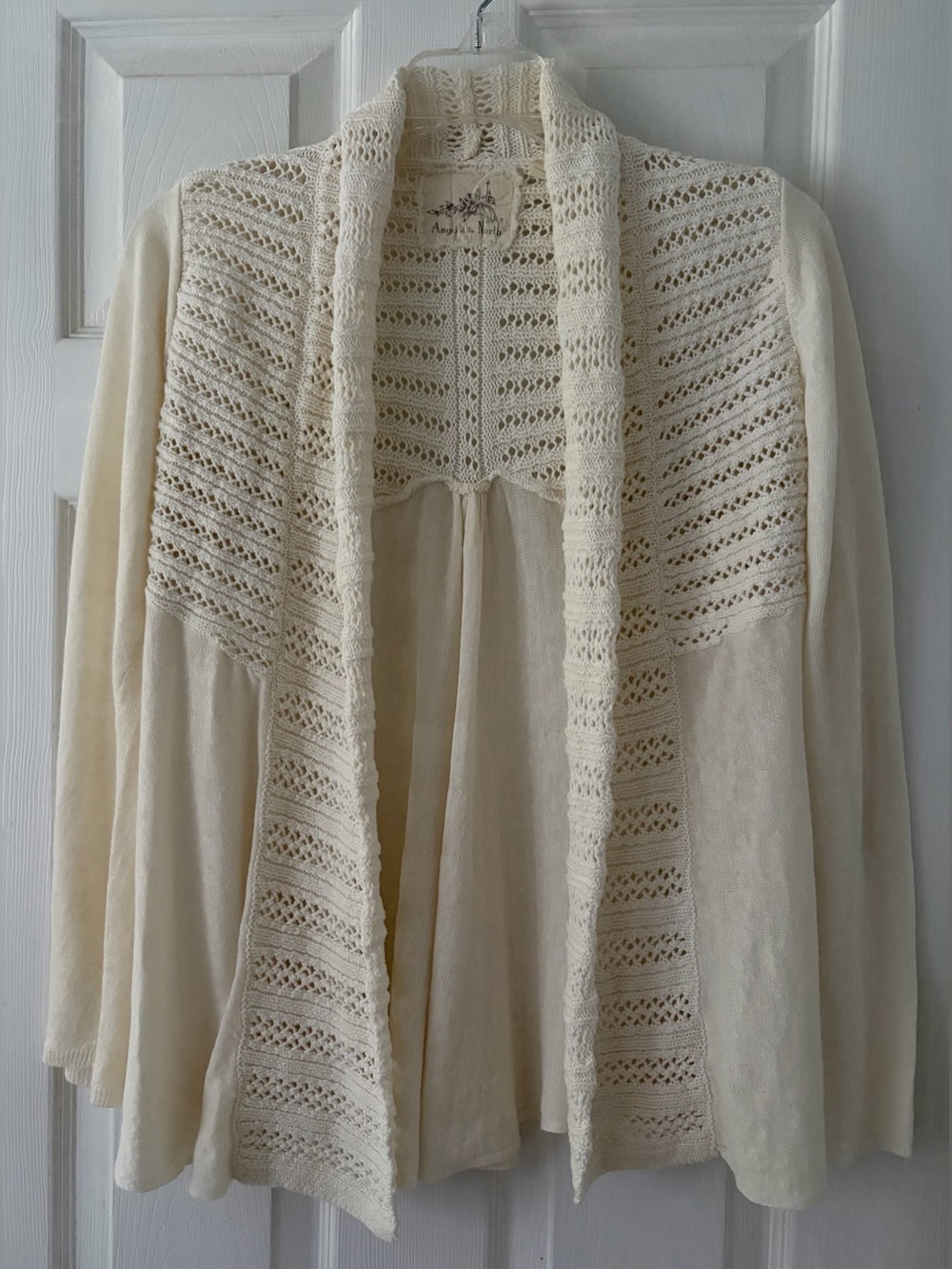 Angel of the North Open-Front Cream Knit Lace Trim Cardigan
